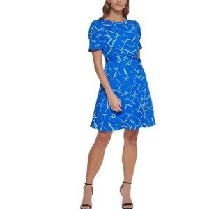 DKNY Womens Blue Fitted Unlined Tie Waist Pouf Sleeve Fit + Flare Dress